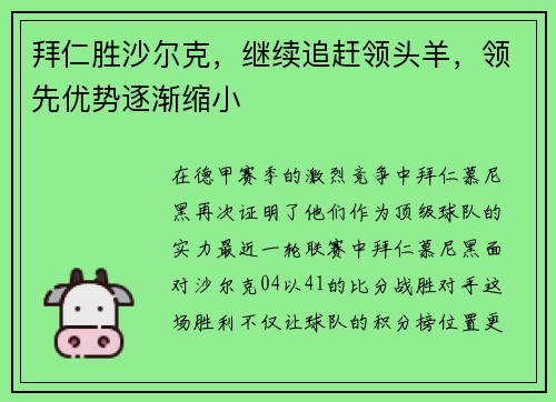 拜仁胜沙尔克，继续追赶领头羊，领先优势逐渐缩小