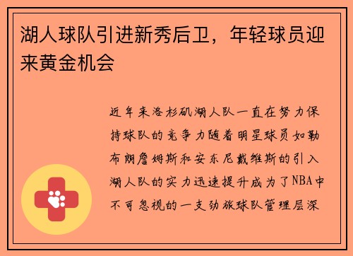 湖人球队引进新秀后卫，年轻球员迎来黄金机会