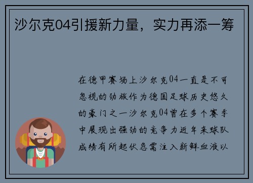 沙尔克04引援新力量，实力再添一筹