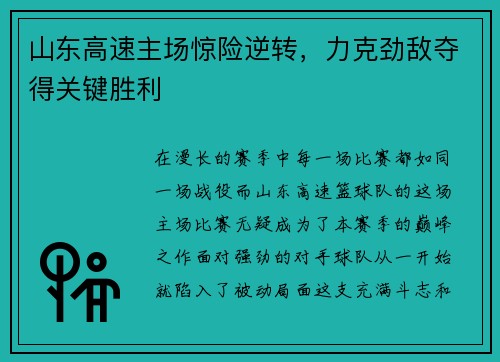 山东高速主场惊险逆转，力克劲敌夺得关键胜利