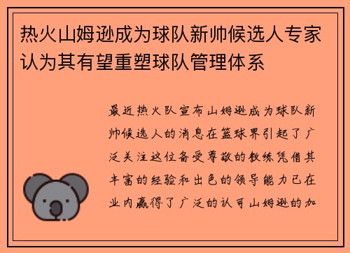 热火山姆逊成为球队新帅候选人专家认为其有望重塑球队管理体系