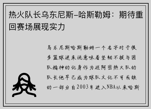 热火队长乌东尼斯-哈斯勒姆:期待重回赛场展现实力